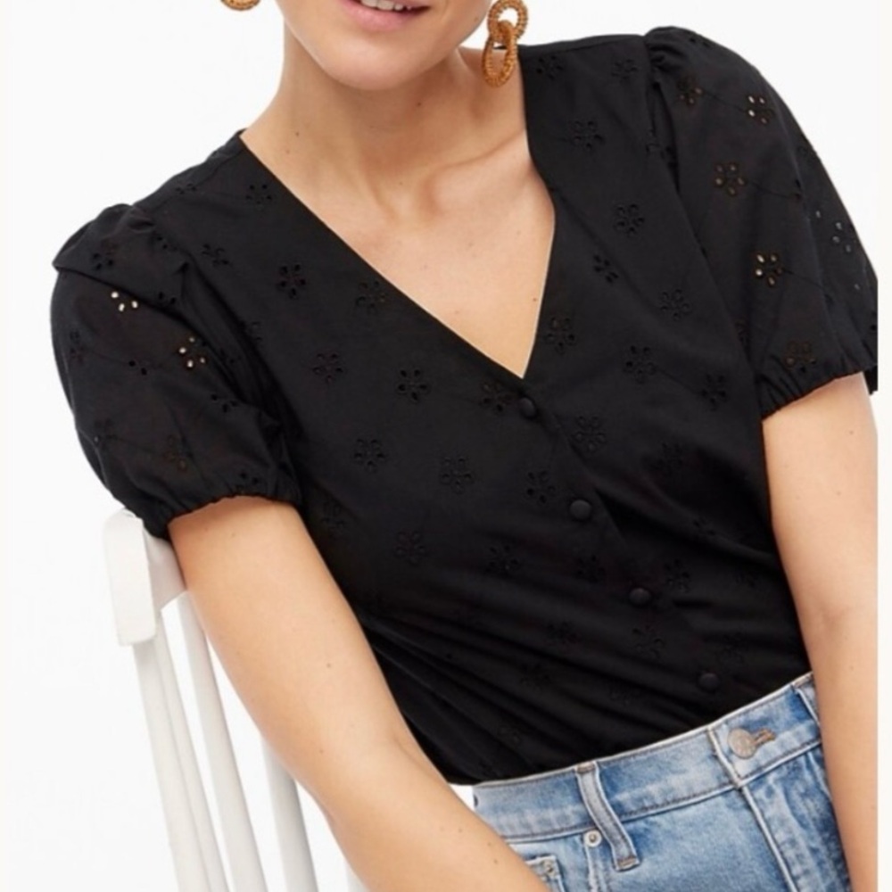 J. Crew Women’s Black Eyelet Puff-Sleeve Button-Up Blouse size large